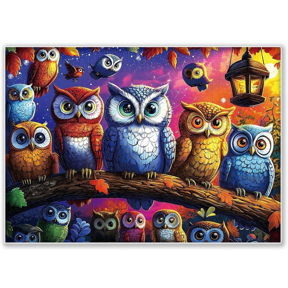 Halloween Colorful Owl Family Fantasy Night Scene 500 Piece Adult Jigsaw Puzzle